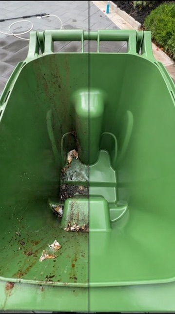 Before and after comparison showing a dirty garbage bin on the left and the same clean bin on the right